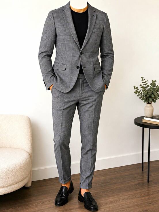 RNT23 Other - Men's Gray Plaid Slim 2-Piece Suit 40, 32x30, 2-Button, Pockets